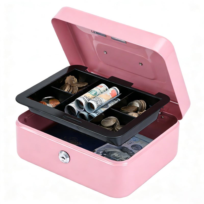 Kyodoled Medium Cash Box with Money Tray,Small Safe Lock Box with Key, Drawer,7.87"x 6.30"x 3.54" Pink - Image 1